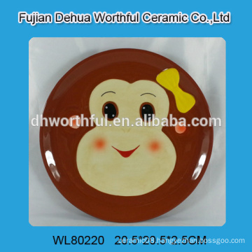 Ceramic round plate w/ monkey hand-printed